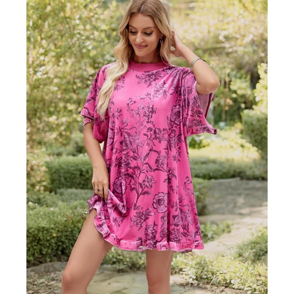 Women's Rose Vintage Velvet Dress Mini Floral Printed Short Sleeve - Picture 7 of 7
